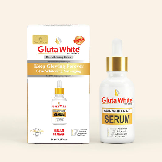Gluta White® Whitening Serum bottle with box, showcasing skin whitening serum benefits and features.